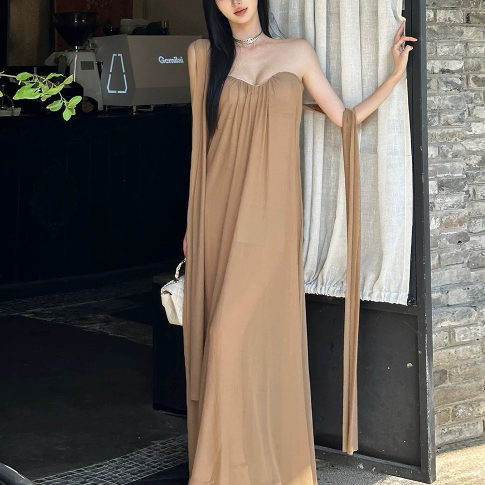 Strapless Brown Maxi Dress with Draped Tie Detail